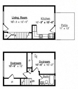 Floor plan for 2 beds, 1 bath, 850 sqft